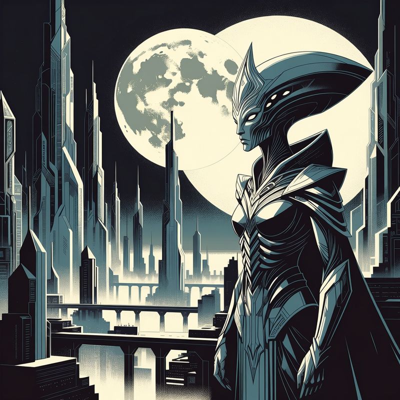 illustrations-scifi-mecha · Alien Queen With Elegant Crystalline Armor Overlooking A