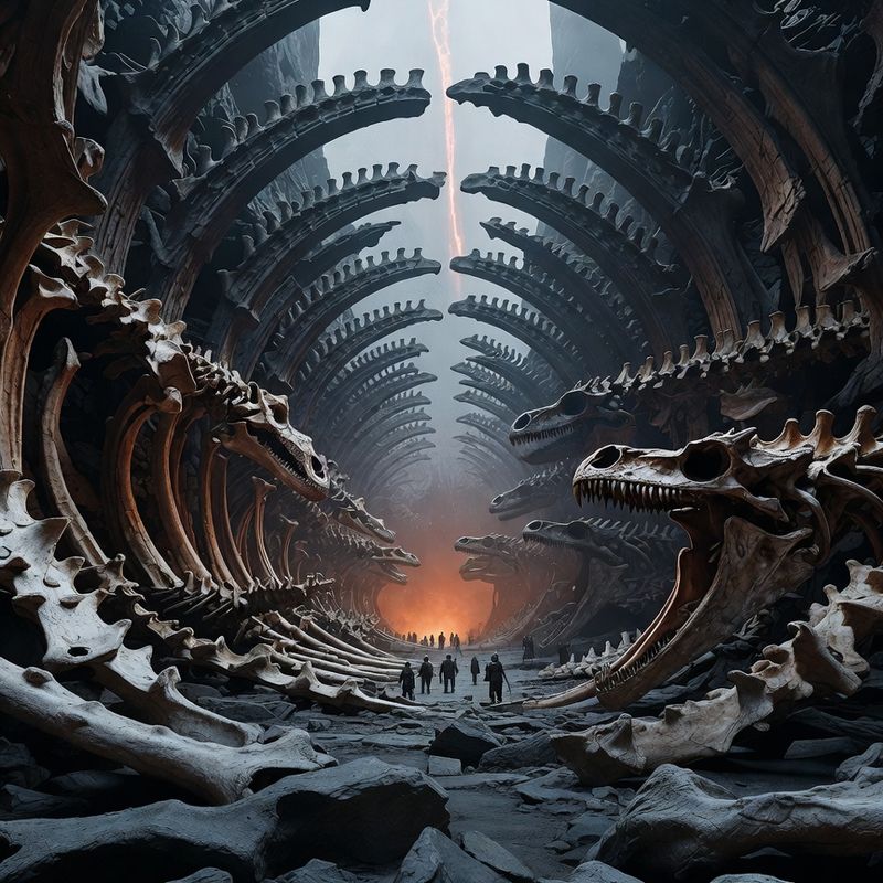 illustrations-landscape · Ancient Dragon Sanctuary Beneath Volcanic Mountains Colossal Fossilized