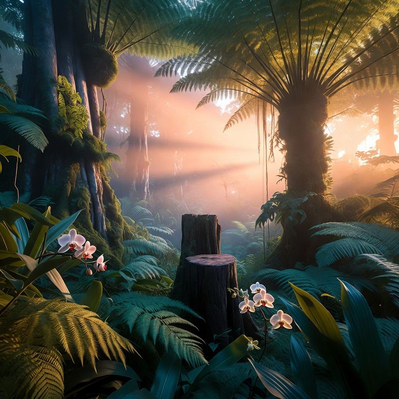 illustrations-landscape · Exotic Rainforest Deep At Dawn Towering Bioluminescent Trees