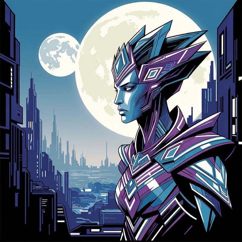 illustrations-scifi-mecha · Alien Queen With Elegant Crystalline Armor Overlooking A