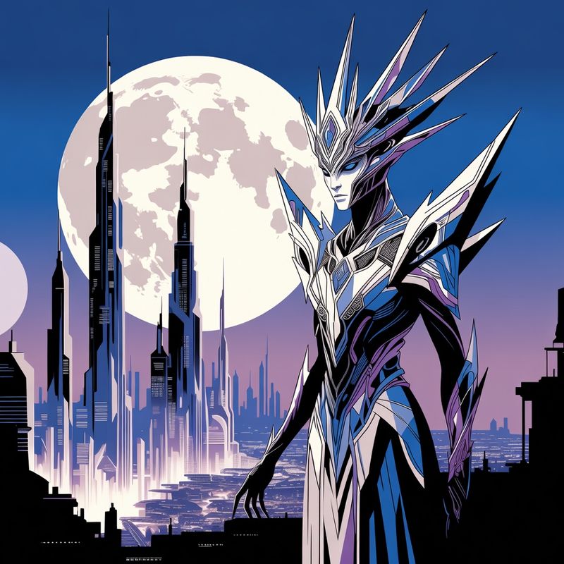 illustrations-scifi-mecha · Alien Queen With Elegant Crystalline Armor Overlooking A