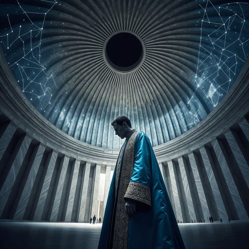 illustrations-fantasy-royalty · Royal Advisor In Magnificent Blue Silk Standing Beneath