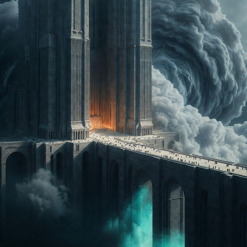 illustrations-landscape · Floating Monastery Among Thunderclouds Gigantic Stone Bridges Linking