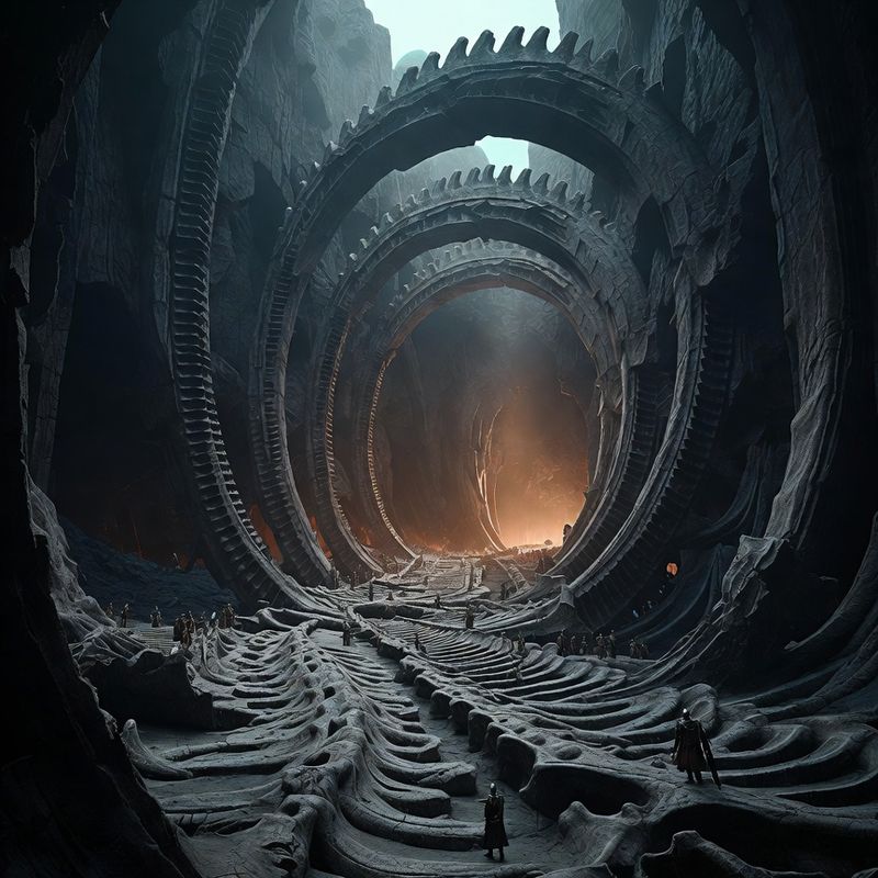 illustrations-landscape · Ancient Dragon Sanctuary Beneath Volcanic Mountains Colossal Fossilized