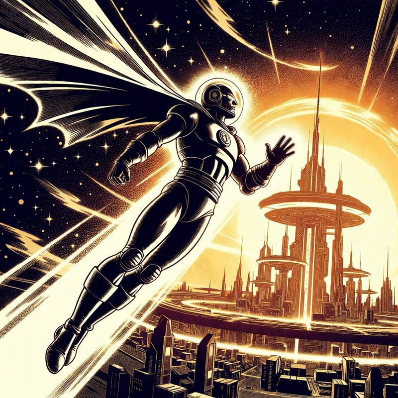 illustrations-scifi-mecha · Cosmic Guardian Flying Through Radiant Energy Rings Above