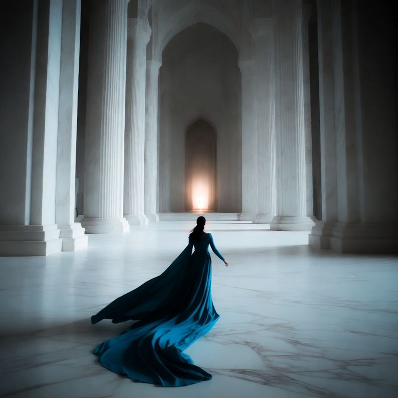 illustrations-fantasy-royalty · Legendary Sorceress Walking Alone Through Endless White Marble