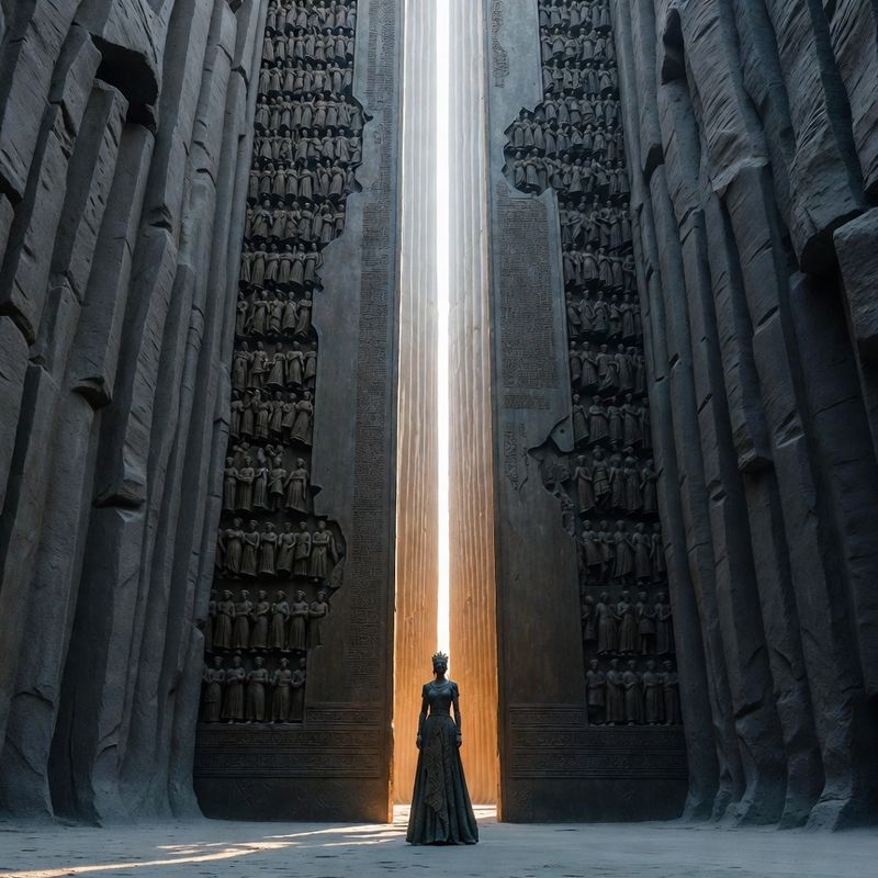 illustrations-fantasy-royalty · Beautiful Ruler Standing Before Monumental Bronze Doors Engraved