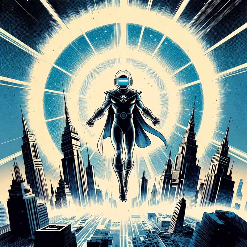 illustrations-scifi-mecha · Cosmic Guardian Flying Through Radiant Energy Rings Above
