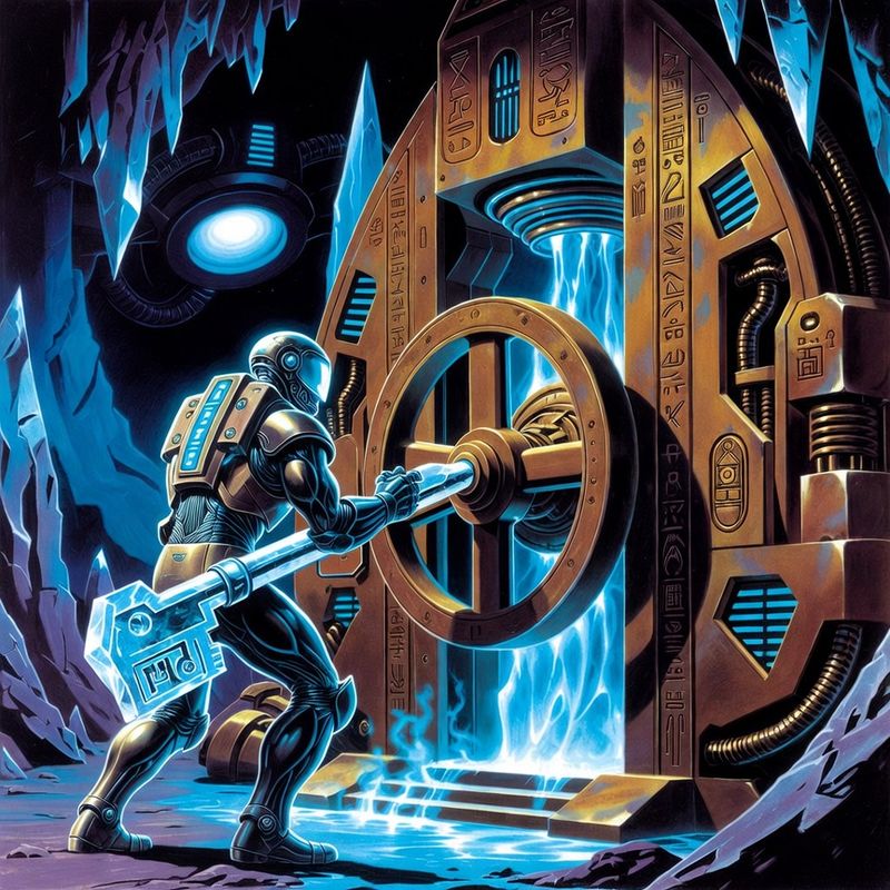 illustrations-scifi-mecha · Cybernetic Explorer Opening An Ancient Alien Vault While