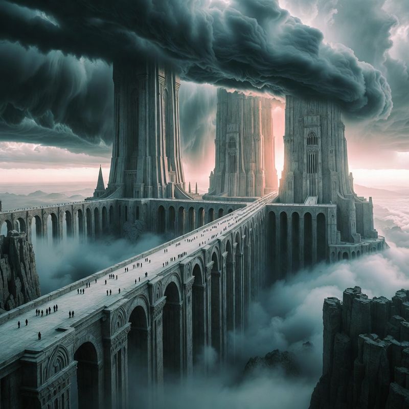 illustrations-landscape · Floating Monastery Among Thunderclouds Gigantic Stone Bridges Linking