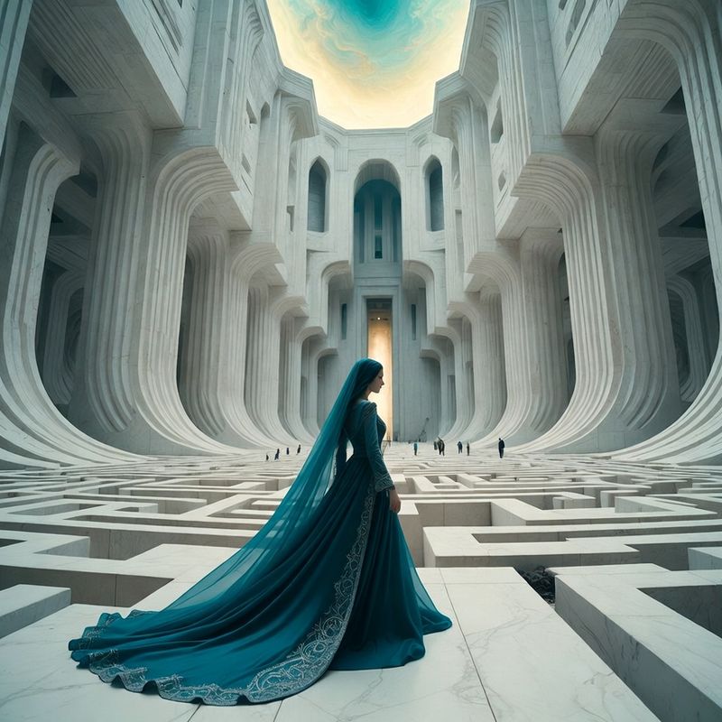 illustrations-fantasy-royalty · Legendary Sorceress Walking Alone Through Endless White Marble