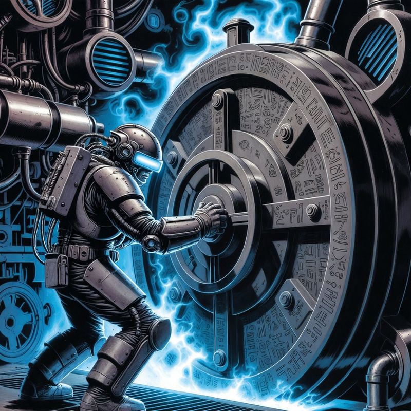 illustrations-scifi-mecha · Cybernetic Explorer Opening An Ancient Alien Vault While