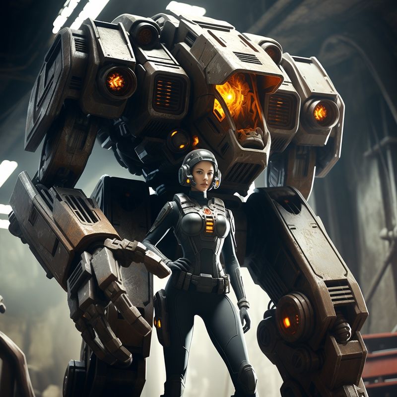 illustrations-scifi-mecha · Female Mech Pilot Standing Before A Colossal Combat