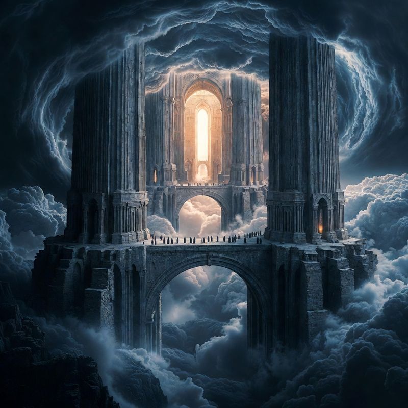 illustrations-landscape · Floating Monastery Among Thunderclouds Gigantic Stone Bridges Linking