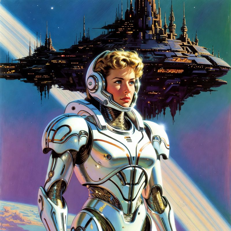 illustrations-scifi-mecha · Heroine In Gleaming White Powered Armor Standing Before