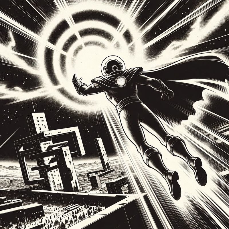 illustrations-scifi-mecha · Cosmic Guardian Flying Through Radiant Energy Rings Above