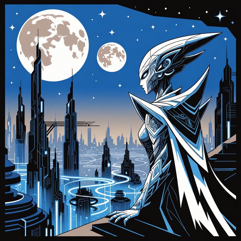 illustrations-scifi-mecha · Alien Queen With Elegant Crystalline Armor Overlooking A