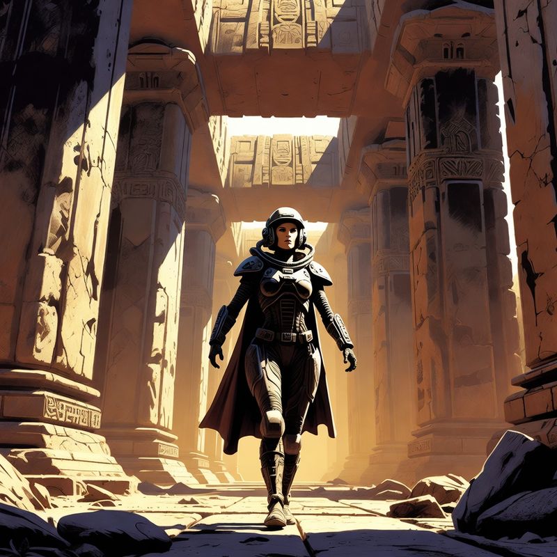 illustrations-scifi-mecha · Female Star Ranger Walking Through Abandoned Alien Megastructure
