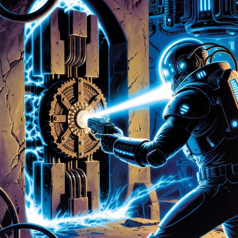 illustrations-scifi-mecha · Cybernetic Explorer Opening An Ancient Alien Vault While