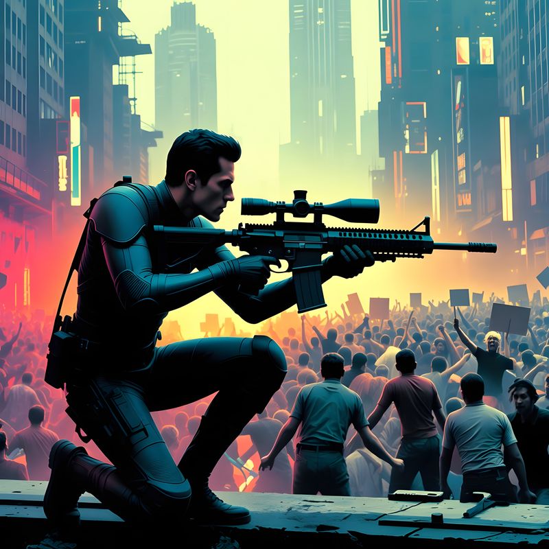 illustrations-scifi-mecha · A Rooftop Assassin In A Dystopian City Preparing