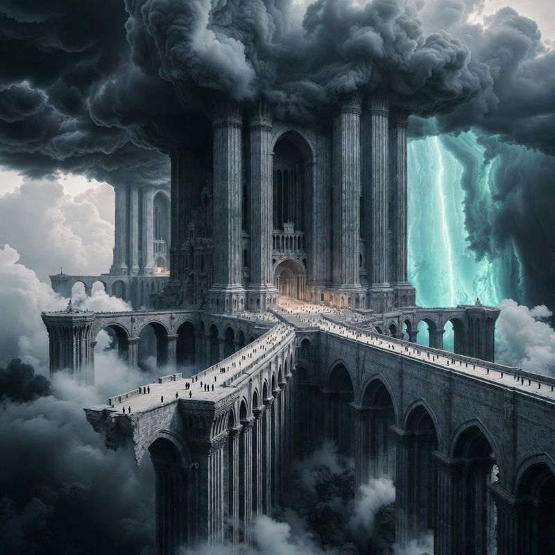 illustrations-landscape · Floating Monastery Among Thunderclouds Gigantic Stone Bridges Linking