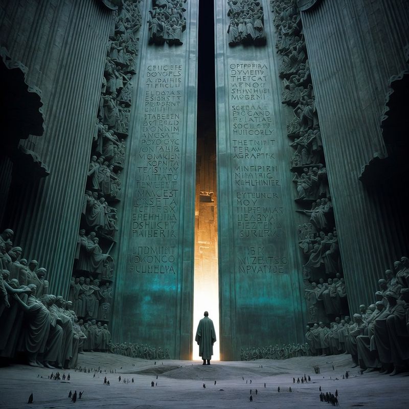 illustrations-fantasy-royalty · Beautiful Ruler Standing Before Monumental Bronze Doors Engraved