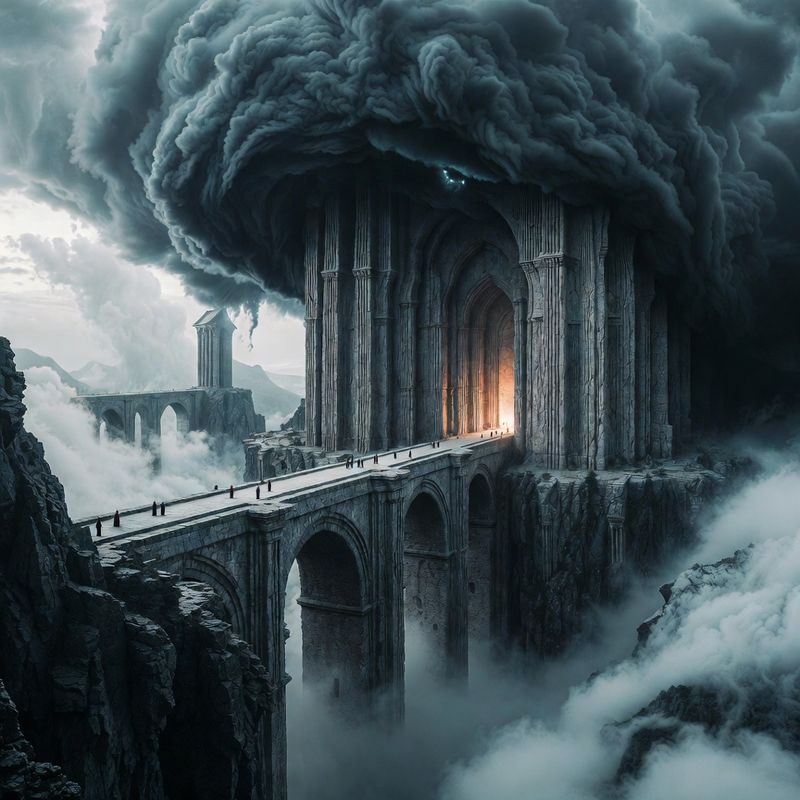illustrations-landscape · Floating Monastery Among Thunderclouds Gigantic Stone Bridges Linking