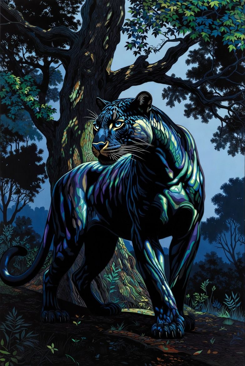 illustrations-fantasy-creatures · The Powerful Panther With Luminescent Scales Next To