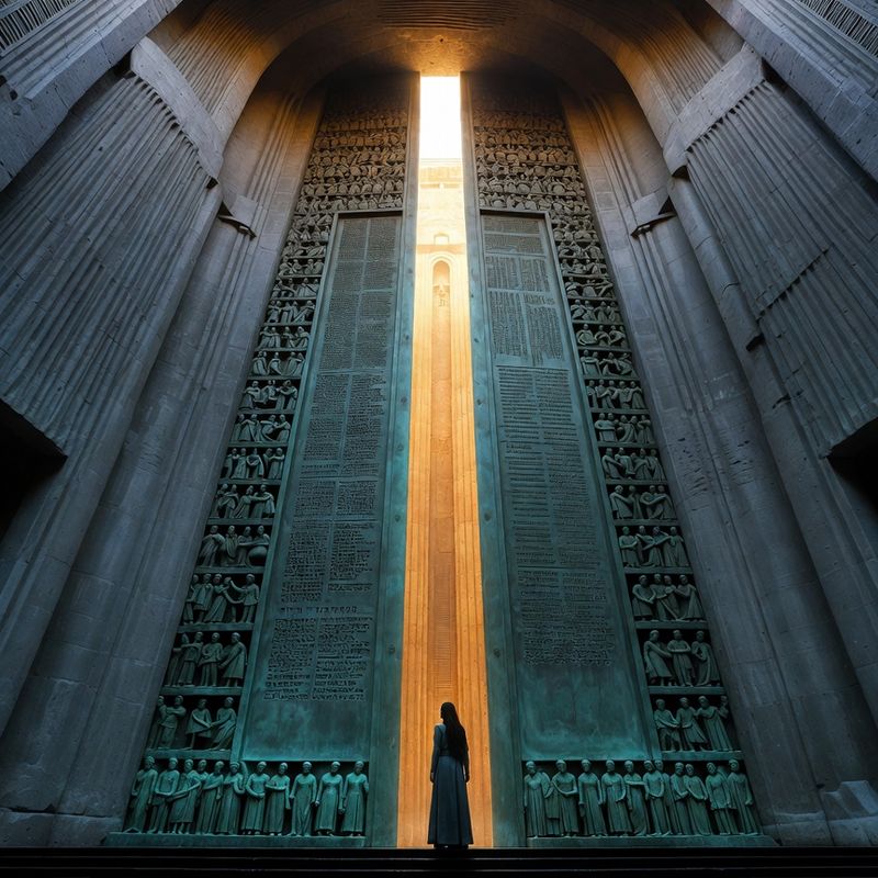 illustrations-fantasy-royalty · Beautiful Ruler Standing Before Monumental Bronze Doors Engraved