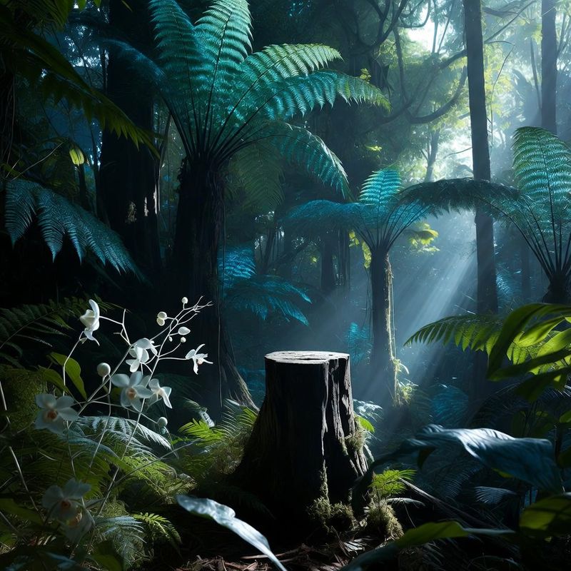 illustrations-landscape · Exotic Rainforest Deep At Dawn Towering Bioluminescent Trees