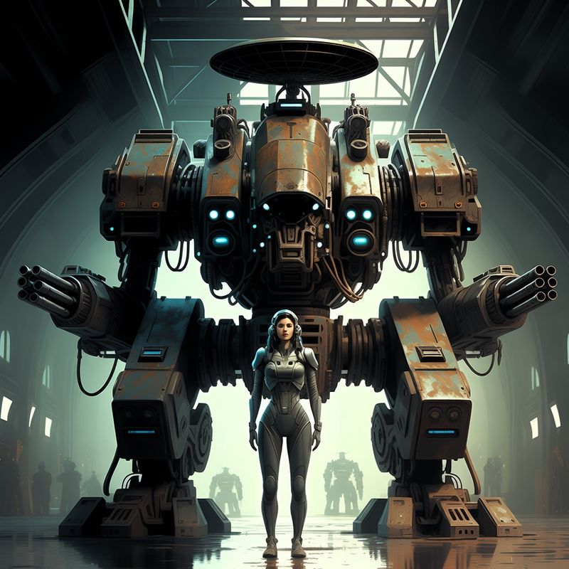 illustrations-scifi-mecha · Female Mech Pilot Standing Before A Colossal Combat