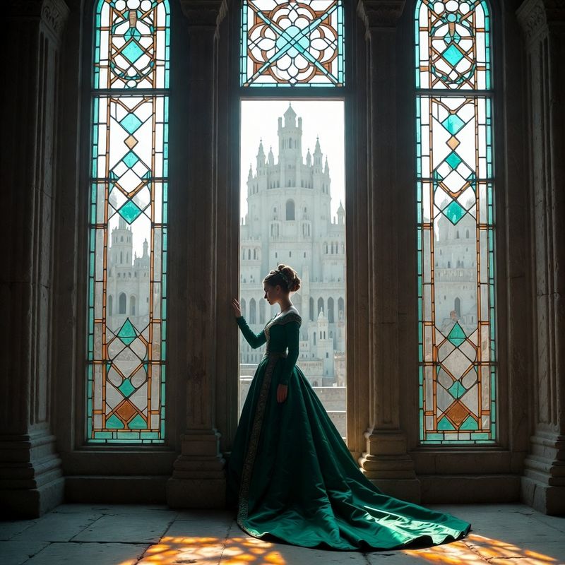illustrations-fantasy-royalty · Beautiful Noblewoman Standing Beneath Enormous Stained Glass Windows