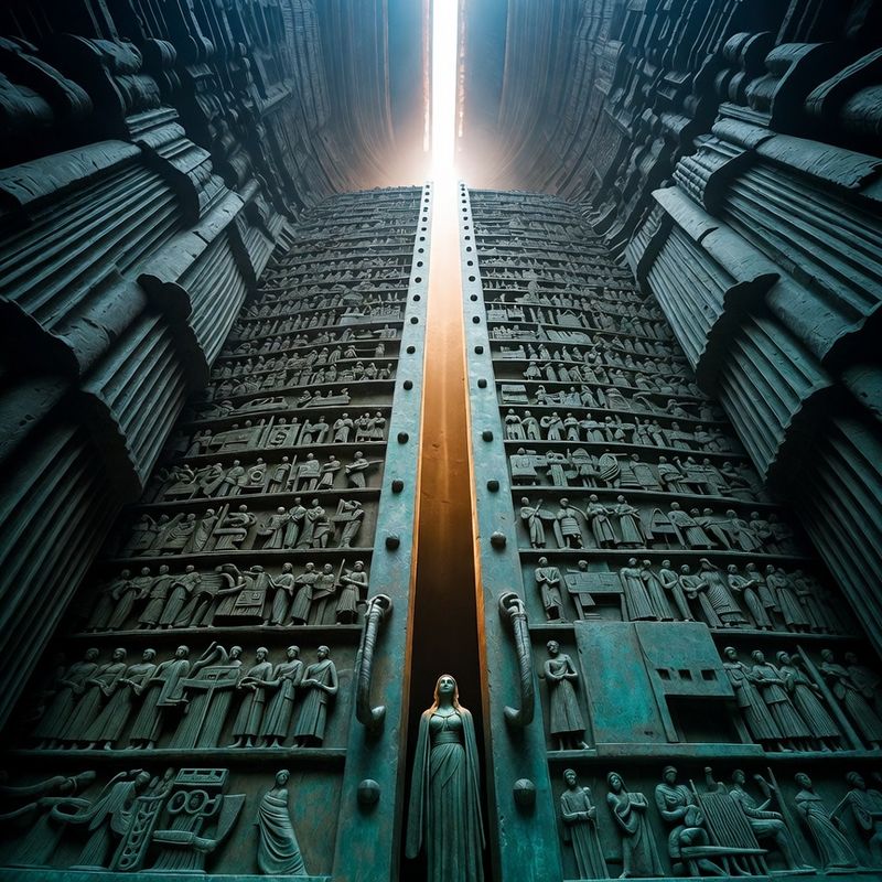 illustrations-fantasy-royalty · Beautiful Ruler Standing Before Monumental Bronze Doors Engraved