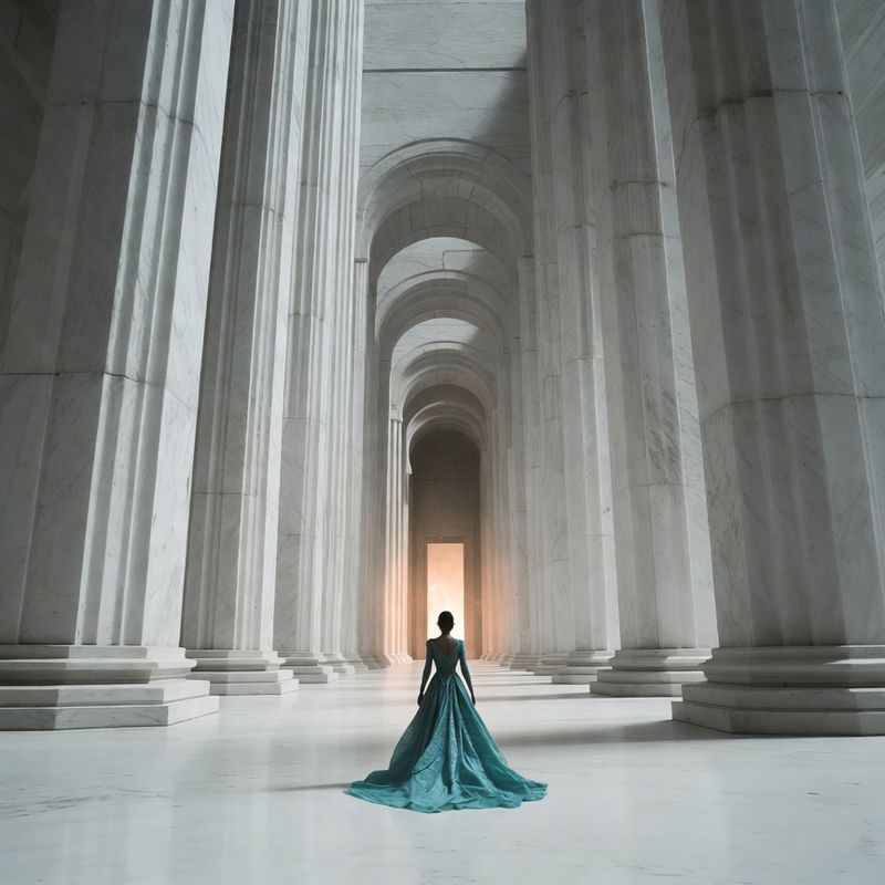 illustrations-fantasy-royalty · Legendary Sorceress Walking Alone Through Endless White Marble