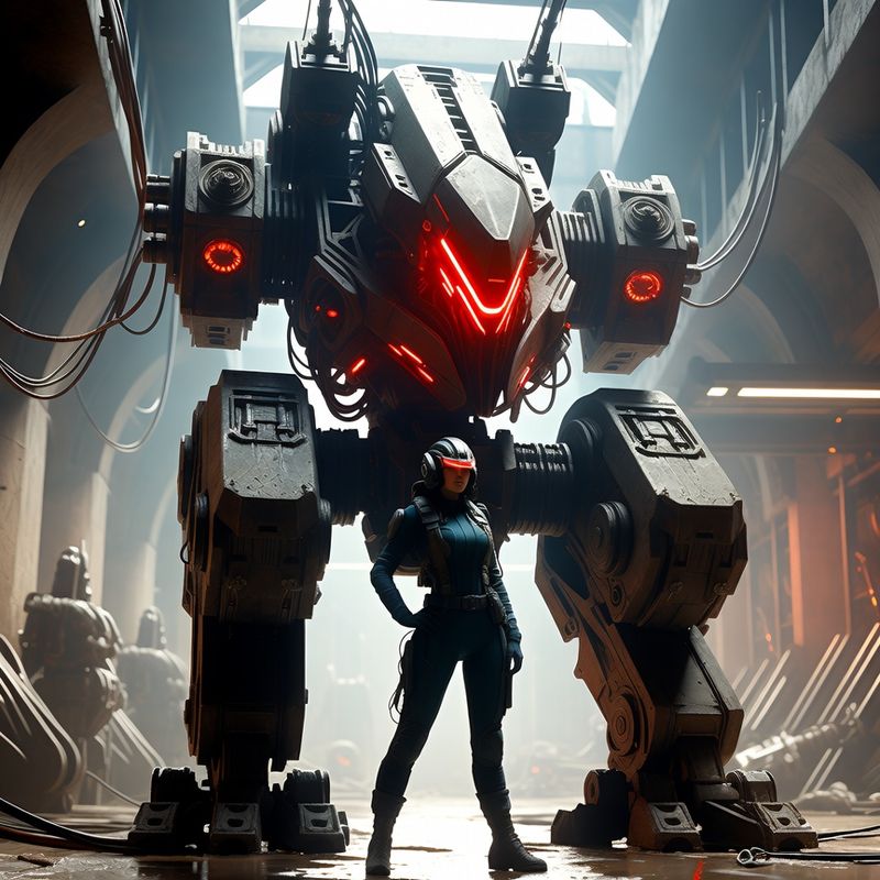 illustrations-scifi-mecha · Female Mech Pilot Standing Before A Colossal Combat