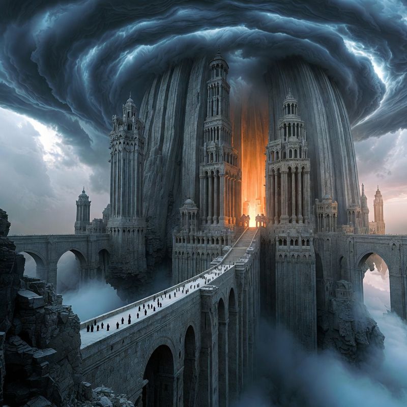 illustrations-landscape · Floating Monastery Among Thunderclouds Gigantic Stone Bridges Linking