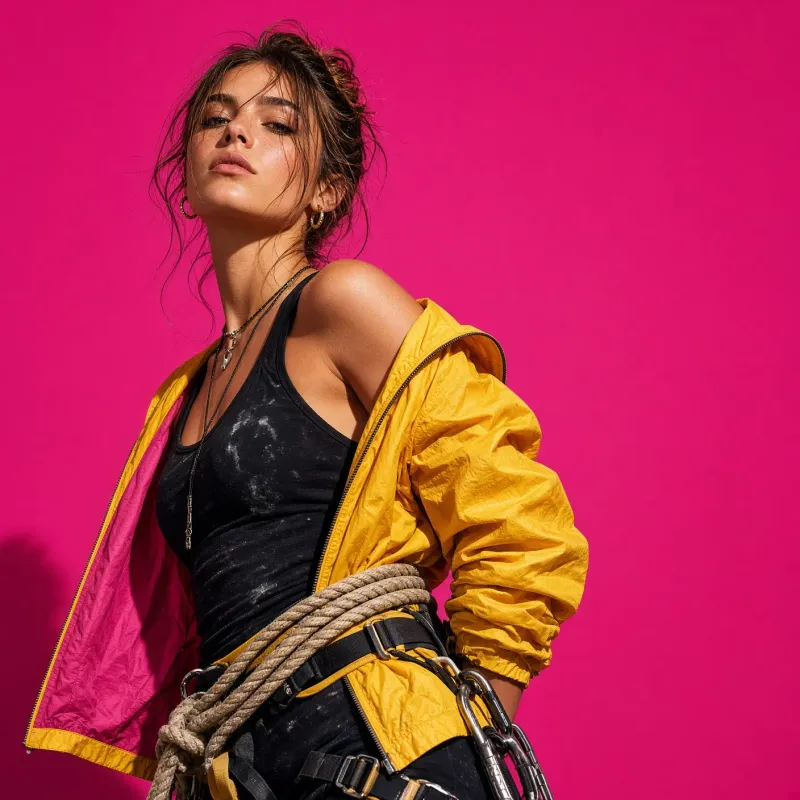 photos-people-editorial-portraits · Confident High Fashion Portrait Of Rock Climber Against