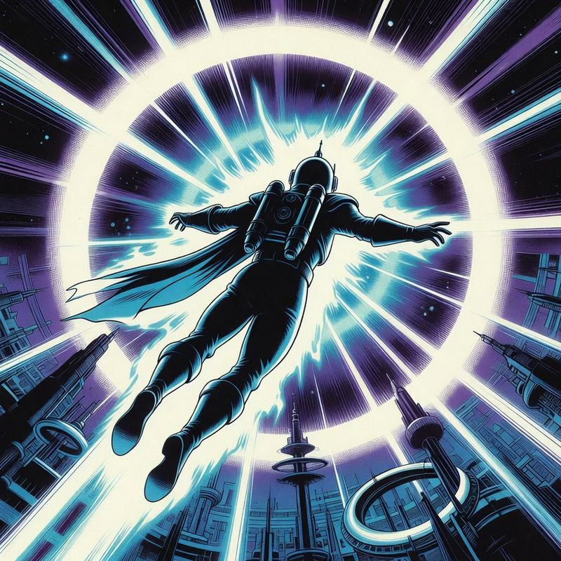 illustrations-scifi-mecha · Cosmic Guardian Flying Through Radiant Energy Rings Above