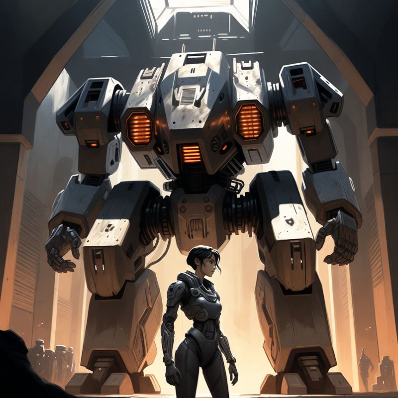 illustrations-scifi-mecha · Female Mech Pilot Standing Before A Colossal Combat