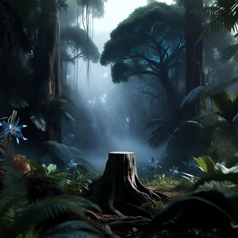 illustrations-landscape · Exotic Rainforest Deep At Dawn Towering Bioluminescent Trees