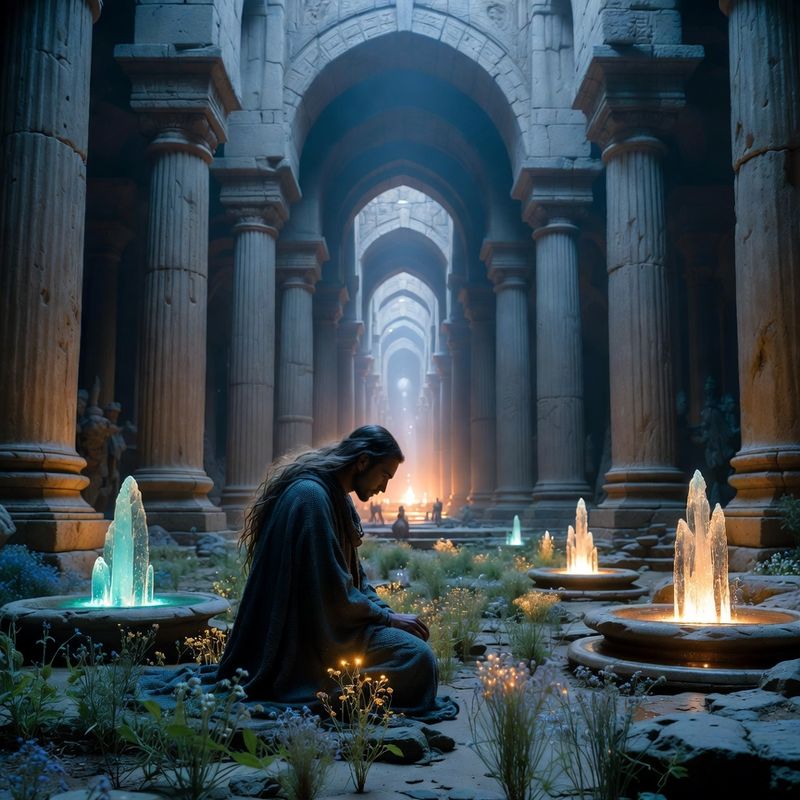 illustrations-fantasy-royalty · Graceful Healer Kneeling Inside An Ancient Sanctuary Filled
