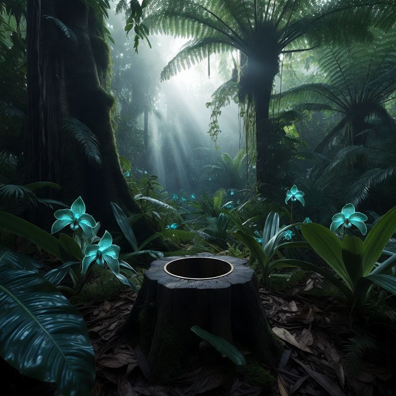 illustrations-landscape · Exotic Rainforest Deep At Dawn Towering Bioluminescent Trees