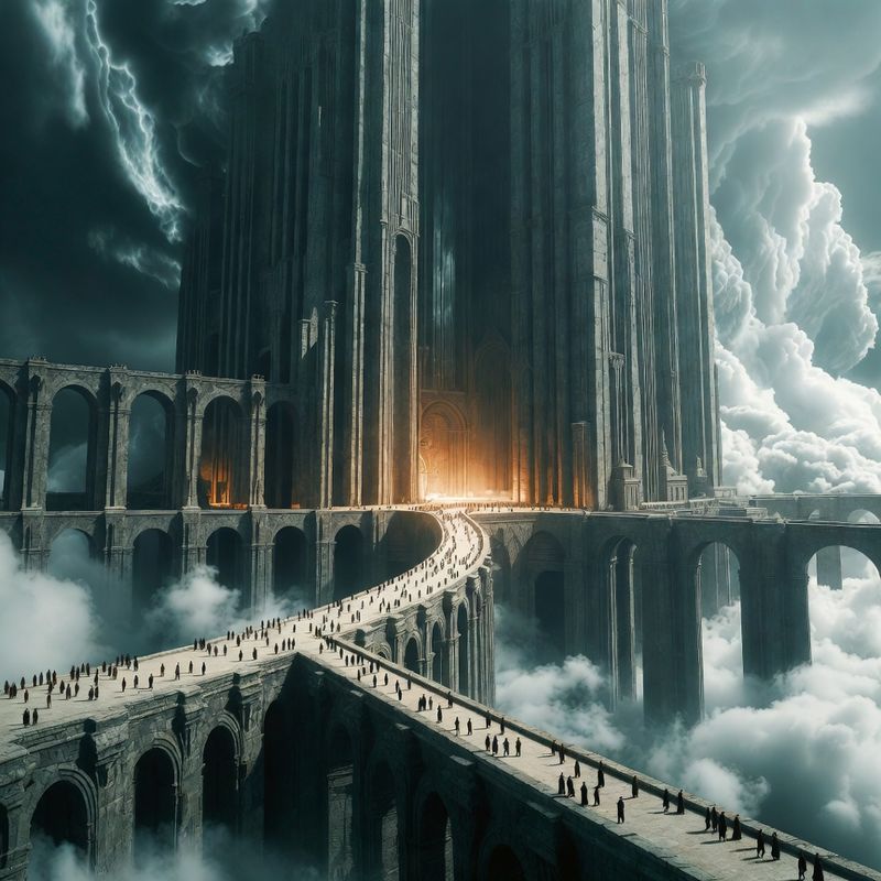illustrations-landscape · Floating Monastery Among Thunderclouds Gigantic Stone Bridges Linking