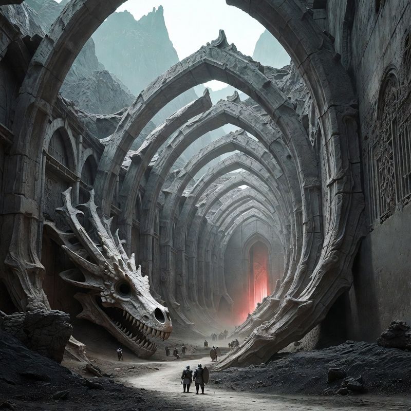 illustrations-landscape · Ancient Dragon Sanctuary Beneath Volcanic Mountains Colossal Fossilized