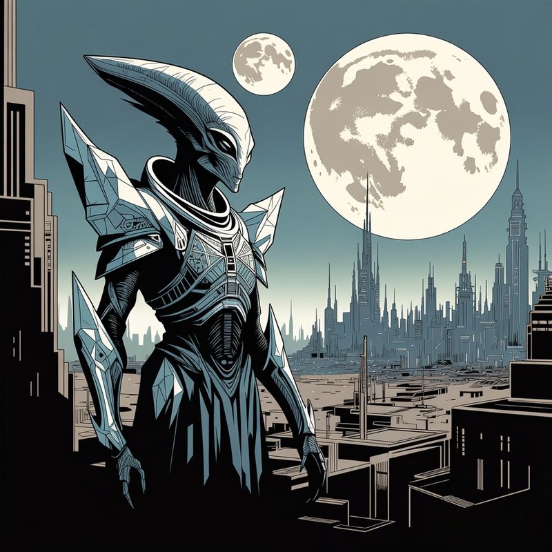 illustrations-scifi-mecha · Alien Queen With Elegant Crystalline Armor Overlooking A