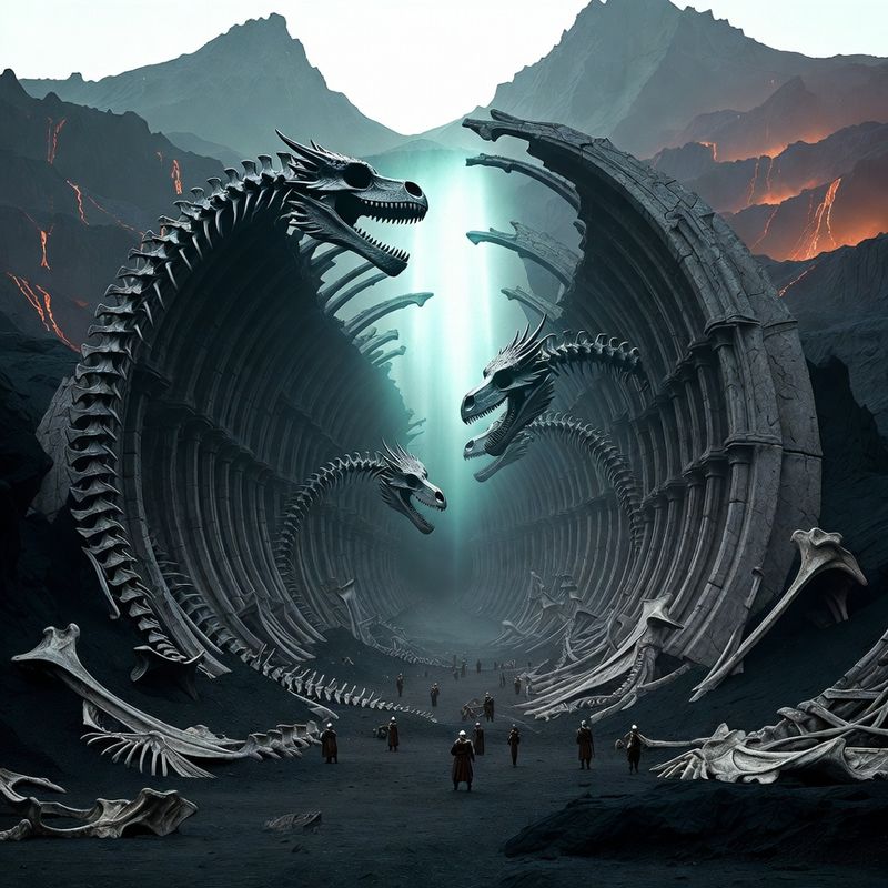 illustrations-landscape · Ancient Dragon Sanctuary Beneath Volcanic Mountains Colossal Fossilized
