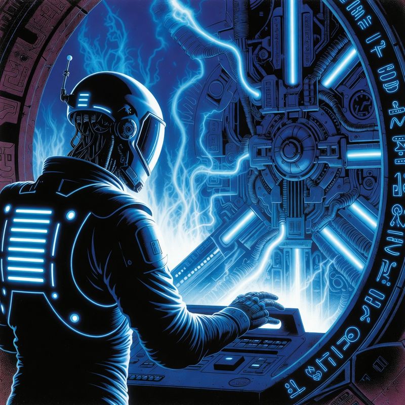 illustrations-scifi-mecha · Cybernetic Explorer Opening An Ancient Alien Vault While
