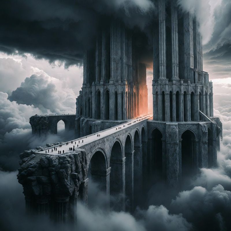 illustrations-landscape · Floating Monastery Among Thunderclouds Gigantic Stone Bridges Linking