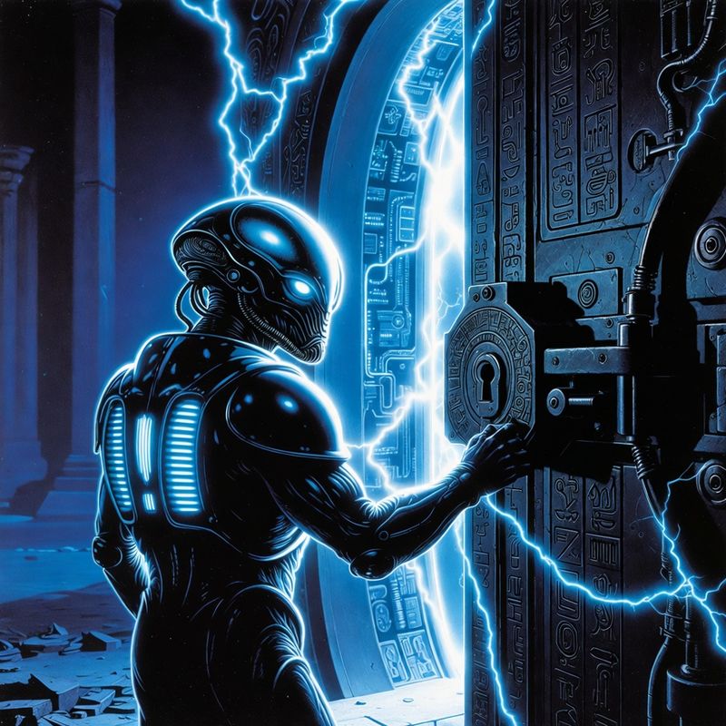 illustrations-scifi-mecha · Cybernetic Explorer Opening An Ancient Alien Vault While