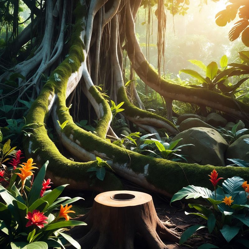 illustrations-landscape · Enchanted Jungle With Ancient Banyan Roots Wrapping Through